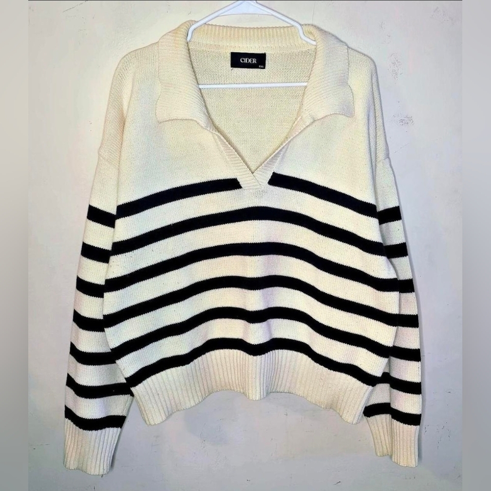 Cider Striped Collared Knit Polo Sweater Women’s Size 2XL Black White V-Neck